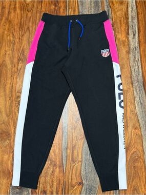 Polo Ralph Lauren Womens Pink Black Embroidered Logo Double Knit Jogger Pants M